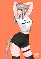 Rule 34 | 1girl, arms behind head, artist name, black shorts, black thighhighs, blunt bangs, character request, clothes writing, commission, copyright request, cowboy shot, crop top, facing viewer, high-waist shorts, highres, light smile, long hair, looking at viewer, midriff, norman maggot, one eye closed, orange hair, red eyes, shirt, shorts, silver hair, simple background, skindentation, smile, solo, standing, tagme, tail, thigh strap, thighhighs, translated, white shirt, wink