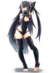 Rule 34 | 1girl, arm up, arm warmers, azur lane, bandana, bandana over mouth, black hair, black one-piece swimsuit, black panties, black thighhighs, breasts, cleavage, competition swimsuit, covered mouth, feet, full body, hair between eyes, highres, large breasts, long hair, looking at viewer, no shoes, one-piece swimsuit, panties, red eyes, simple background, solo, standing, swimsuit, tenteru, thighhighs, u-47 (azur lane), underwear, very long hair, white background