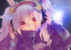 Rule 34 | 1girl, animal ears, arms up, azur lane, closed mouth, commentary request, hair between eyes, hair ornament, hairband, hands on headphones, head tilt, headphones, jacket, karinto yamada, laffey (azur lane), long hair, long sleeves, looking at viewer, purple jacket, rabbit ears, red eyes, red hairband, signature, silver hair, sleeves past wrists, solo, twintails