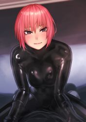 Rule 34 | 1girl, black bodysuit, black gloves, blush, bodysuit, brown eyes, closed mouth, commentary request, gloves, highres, kilye kairi, latex, latex bodysuit, lipstick, looking at viewer, makeup, medium hair, original, parted lips, pink hair, pink lips, pov, smile, solo focus, straddling