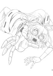 Rule 34 | 1girl, bags under eyes, crawling, crazy eyes, creepy, doll joints, dress, female focus, greyscale, highres, horror (theme), joints, looking at viewer, medicine melancholy, messy hair, monochrome, ribbon, sharp teeth, short hair, solo, takaku toshihiko, teeth, touhou
