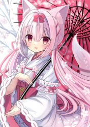 Rule 34 | 1girl, animal ears, armband, back bow, blush, bow, braid, cherry blossoms, flower, fox ears, fox girl, fox tail, frilled armband, frills, hair bow, hair flower, hair intakes, hair ornament, hair ribbon, hane., holding, holding umbrella, japanese clothes, kimono, long hair, long sleeves, looking at viewer, low twintails, obi, oil-paper umbrella, open mouth, original, pink hair, red eyes, ribbon, ribbon-trimmed sleeves, ribbon trim, sash, smile, solo, tail, tree, twintails, umbrella, very long hair, wide sleeves