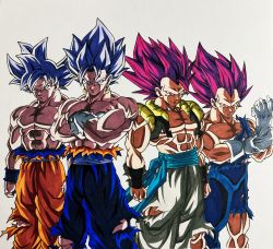 Rule 34 | 4boys, adjusting clothes, adjusting gloves, black vest, black wristband, blue bodysuit, blue pants, blue sash, blue wristband, bodysuit, clenched hands, commentary request, crossed arms, dragon ball, dragon ball super, earrings, gloves, gogeta, grin, highres, hiro (udkod1ezlyi2flo), jewelry, looking at viewer, male focus, metamoran vest, multiple boys, muscular, muscular male, no eyebrows, orange pants, pants, pink eyes, potara earrings, purple hair, sash, serious, shirt, simple background, sketch, smile, son goku, spiked hair, torn bodysuit, torn clothes, torn gloves, torn pants, torn shirt, torn vest, ultra ego (dragon ball), ultra instinct, v-shaped eyebrows, vegeta, vegetto, vest, white background, white eyes, white gloves, white hair, white pants