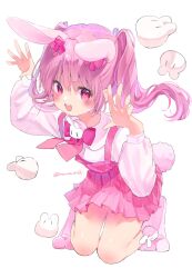 1girl animal_ears blouse bow bowtie collared_shirt ear_bow floating_hair full_body hands_up highres kneeling leaning_forward long_hair long_sleeves looking_at_viewer momochichi_r open_mouth original paw_shoes pink_bow pink_bowtie pink_eyes pink_hair pink_shirt pink_skirt pleated_skirt puffy_long_sleeves puffy_sleeves rabbit_ears rabbit_girl rabbit_pose rabbit_tail shirt simple_background skirt smile solo straight_hair stuffed_animal stuffed_rabbit stuffed_toy suspender_skirt suspenders tail teeth twintails twitter_username upper_teeth_only v-shaped_eyebrows white_background