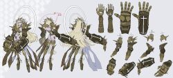 Rule 34 | 1girl, armor, armored gloves, armored legwear, ass, blonde hair, concept art, crymachina, double halo, elbow gloves, gloves, gold gloves, grey background, hair ornament, halo, highres, long hair, long pointy ears, pointy ears, rolua, short hair, shoulder armor, third-party source, tiara, zoe (crymachina)