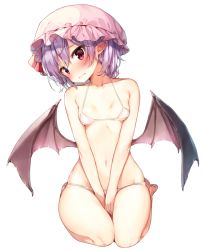 Rule 34 | 1girl, bad id, bad pixiv id, bare legs, barefoot, bat wings, between thighs, bikini, blue hair, blush, breasts, commentary request, embarrassed, full body, hat, head tilt, looking at viewer, low wings, micro bikini, navel, pink eyes, pointy ears, remilia scarlet, shnva, short hair, side-tie bikini bottom, simple background, sitting, small breasts, solo, string bikini, swimsuit, touhou, wariza, white background, white bikini, wings