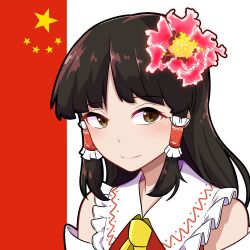 Rule 34 | ascot, black hair, brown eyes, brown hair, commentary, detached sleeves, english commentary, flower, hair down, hair flower, hair ornament, hair tubes, hakurei reimu, highres, long hair, looking at viewer, people&#039;s republic of china flag, reimu (flower), smile, touhou, upper body, white background, xen0moonz, yellow ascot