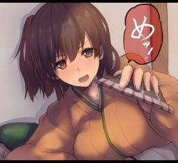 Rule 34 | &gt;:d, 10s, 1girl, :d, breasts, brown eyes, brown hair, dyson (edaokunnsaikouya), hiryuu (kancolle), japanese clothes, kantai collection, large breasts, letterboxed, looking at viewer, lying, on side, one side up, open mouth, short hair, side ponytail, smile, solo, speech bubble, translation request, upper body, v-shaped eyebrows