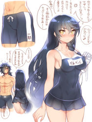 Rule 34 | 1boy, 1girl, anger vein, ass, bad id, bad pixiv id, bandaged arm, bandages, black one-piece swimsuit, blue hair, blush, breasts, casual one-piece swimsuit, character name, cleavage, closed mouth, collarbone, comic, covered navel, cowboy shot, facial mark, folks (nabokof), hair between eyes, hair over one eye, long hair, looking at viewer, navel, official alternate costume, one-piece swimsuit, ribbon, rokurou rangetsu, see-through, sideboob, speech bubble, standing, swimsuit, tales of (series), tales of berseria, velvet crowe, very long hair, white ribbon, yellow eyes