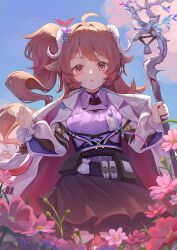 Rule 34 | 1girl, :o, absurdres, ahoge, arknights, black skirt, blue sky, blush, breasts, brown hair, collared shirt, cowboy shot, day, eyjafjalla (arknights), eyjafjalla the hvit aska (arknights), flower, hair flower, hair ornament, highres, holding, holding staff, id card, jacket, jacket on shoulders, long hair, long sleeves, looking at viewer, official alternate costume, one side up, outdoors, pink eyes, pink flower, pouch, purple shirt, rimu (pixiv83916925), shirt, skirt, sky, small breasts, solo, staff, white jacket