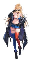 Rule 34 | 1girl, ahoge, american flag bikini, asymmetrical legwear, bare shoulders, belt, bikini, bikini top only, black gloves, blonde hair, blue thighhighs, boots, breasts, butyou (mika1412), choker, cleavage, closed mouth, collarbone, commentary request, counter:side, flag print, full body, genderswap, genderswap (mtf), gloves, green eyes, highleg, highleg panties, highres, jake walker, korean commentary, large breasts, long hair, looking at viewer, looking over eyewear, miniskirt, mismatched legwear, navel, no shirt, off shoulder, open clothes, panties, red-tinted eyewear, red thighhighs, simple background, skirt, solo, standing, stomach, sunglasses, swimsuit, thighhighs, tinted eyewear, underwear, white background