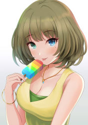 Rule 34 | 1girl, bare shoulders, blue eyes, blush, bracelet, breasts, cleavage, closed mouth, collarbone, commentary request, food, gradient background, green eyes, green hair, heterochromia, highres, holding, holding food, idolmaster, idolmaster cinderella girls, jewelry, kirifrog, looking at viewer, medium breasts, mole, mole under eye, necklace, popsicle, rainbow order, short hair, sleeveless, smile, solo, takagaki kaede, tank top, upper body, white background