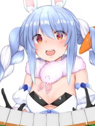 Rule 34 | 1girl, animal ear fluff, animal ears, black gloves, blue hair, blush, braid, breasts, carrot hair ornament, coat, commentary request, don-chan (usada pekora), food-themed hair ornament, gloves, hair ornament, highres, hololive, leotard, long hair, looking at viewer, multicolored hair, open mouth, playboy bunny, rabbit ears, rabbit girl, rocha (aloha ro cha), scarf, simple background, solo, teeth, thick eyebrows, twin braids, two-tone hair, upper teeth only, usada pekora, usada pekora (1st costume), virtual youtuber, white background, white coat, white hair