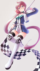 Rule 34 | 1girl, akebono (kancolle), arthur ko, belt, black thighhighs, blue jacket, blush, boots, checkered flag, closed mouth, collarbone, flag, fuji speedway, hair between eyes, hair ribbon, highres, holding, holding flag, jacket, kantai collection, long hair, long sleeves, official alternate costume, open clothes, open jacket, pink ribbon, purple eyes, purple hair, race queen, ribbon, side ponytail, simple background, smile, solo, thigh boots, thighhighs, white background, white belt, white footwear, white jacket