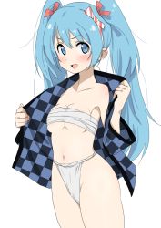 Rule 34 | 1girl, :d, blue eyes, blue hair, blush, breasts, cleavage, fundoshi, furuyama itaru, hairband, hatsune miku, japanese clothes, long hair, looking at viewer, navel, open clothes, open mouth, sarashi, simple background, smile, solo, twintails, vocaloid, white background