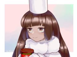 Rule 34 | 1girl, border, brown eyes, brown hair, coat, cocoa cookie, coffee cup, coffee mug, cookie run, cup, disposable cup, guaiwu349, hat, highres, humanization, mug, non-web source, personification, simple background, solo, white border, winter clothes, winter coat