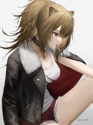 Rule 34 | 1girl, animal ears, arknights, artist name, black jacket, breasts, brown eyes, brown hair, candy, cleavage, collar, food, food in mouth, fur-trimmed jacket, fur-trimmed shorts, fur trim, gradient background, grey background, highres, jacket, jacket on shoulders, knee up, large breasts, lion ears, lollipop, long hair, long sleeves, looking away, looking down, mouth hold, open clothes, open jacket, ponytail, red shorts, shirt, shorts, siege (arknights), sitting, solo, suiua, tank top, thighs, white background, white shirt