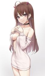 Rule 34 | 1girl, ahoge, bare shoulders, black choker, blush, braid, breasts, brown hair, center opening, choker, closed mouth, collarbone, commentary request, cowboy shot, hair ornament, hands up, heart, heart hair ornament, highres, horns, large breasts, legs together, long hair, looking at viewer, medium breasts, off-shoulder sweater, off shoulder, original, own hands together, red eyes, simple background, smile, sweater, wet.elephant, white sweater