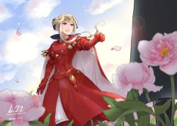 Rule 34 | 1girl, blue sky, cape, cloud, dated, day, edelgard von hresvelg, fire emblem, fire emblem: three houses, flower, headpiece, horns, nintendo, open mouth, outdoors, petals, purple eyes, robaco, sky, solo, twitter username, white hair
