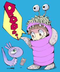 Rule 34 | 1girl, animification, blue background, boo (monsters inc.), brown eyes, brown hair, child, costume, creature, cyclops, doll, english text, grin, ikuchi osutega, inaga kawazu, lizard, monster, monsters inc., one-eyed, randall boggs, sharp teeth, simple background, smile, teeth, tentacles
