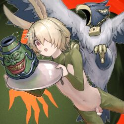 1boy alternate_costume animal_ears bar_censor bird blonde_hair censored crossdressing crotchless crotchless_pantyhose droll&amp;lock_bird duel_monster foreskin green_pantyhose green_shrug hair_over_one_eye highres holding holding_tray male_focus male_playboy_bunny male_pubic_hair meme_attire miyako_(naotsugu) one_eye_covered open_mouth pantyhose penis pot_of_greed pubic_hair rabbit_boy rabbit_ears red_eyes reverse_bunnysuit reverse_outfit shrug_(clothing) sparse_pubic_hair tray yu-gi-oh!