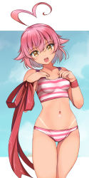 Rule 34 | 1girl, absurdres, aino heart, arcana heart, bikini, breasts, hands on own chest, highres, legs, looking at viewer, navel, open mouth, pink bikini, pink hair, ribbon, short hair, small breasts, smile, solo, striped bikini, striped clothes, swimsuit, tan, tanline, thighs, yellow eyes