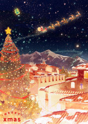 Rule 34 | box, christmas, christmas tree, gemi, gift, gift box, hat, mountain, night, night sky, original, outdoors, reindeer, santa claus, santa hat, scenery, sky, sleigh, solo, star (sky), starry sky