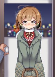 Rule 34 | 1girl, ahoge, animal, artist name, basket, blush, box, brown eyes, brown gloves, christmas, city lights, coat, crab, door, earmuffs, gift, gift box, gloves, grey coat, hair between eyes, highres, holding, holding basket, holding gift, kantai collection, kazunoko (saria001), light brown hair, long sleeves, oboro (kancolle), official alternate costume, open mouth, pet, short hair, signature, solo focus, upper body