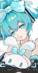 Rule 34 | 1girl, absurdres, aqua eyes, aqua hair, bare shoulders, blue bow, bow, chinese commentary, cinnamiku, cinnamoroll, collared shirt, commentary, detached sleeves, hair bow, hatsune miku, highres, looking at viewer, mala tutou, open mouth, sanrio, shirt, signature, simple background, solo, updo, viewfinder, vocaloid, white background, white shirt