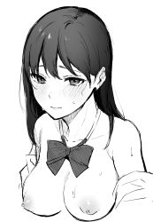 Rule 34 | 1girl, absurdres, black hair, bow, bowtie, breasts, greyscale, highres, large breasts, long hair, looking at viewer, miyabe kiwi, monochrome, nervous, nipples, original, partially undressed, ribbon, unworn shirt, sketch, solo, sweat, sweatdrop, upper body