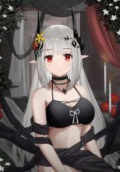 Rule 34 | 1girl, absurdres, apple, arknights, bare shoulders, bikini, black bikini, black ribbon, breasts, candle, cleavage, collarbone, curtains, flower, food, fruit, hair flower, hair ornament, highres, horns, jewelry, keaworks, large breasts, long hair, looking at viewer, mudrock (arknights), mudrock (silent night) (arknights), navel, necklace, official alternate costume, parted lips, pointy ears, red eyes, red flower, ribbon, sarong, signature, silver hair, sitting, solo, straight hair, swimsuit, very long hair, yellow flower