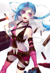 Rule 34 | 1girl, absurdres, belt, blue hair, braid, bullet, dj.adonis, fangs, gloves, highres, jewelry, jinx (league of legends), league of legends, long hair, necklace, pink eyes, short shorts, shorts, single thighhigh, solo, tattoo, thighhighs, twin braids, very long hair, weapon