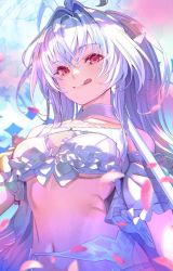 Rule 34 | 1girl, ahoge, akemori, bare shoulders, bikini, bikini skirt, breasts, choker, day, fate/grand order, fate (series), hair between eyes, highres, lady avalon (fate), lady avalon (second ascension) (fate), long hair, looking at viewer, medium breasts, merlin (fate/prototype), navel, red eyes, smile, solo, swimsuit, white bikini, white choker, white hair