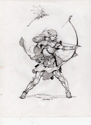 Rule 34 | 1girl, absurdres, aiming, armor, arrow (projectile), bow (weapon), bracer, closed mouth, commentary, dagger, dragon, drawing bow, english commentary, from side, greaves, greyscale, highres, holding, holding arrow, holding bow (weapon), holding weapon, ink (medium), inktober, knife, leather armor, legs apart, long hair, manuel castanon, miniskirt, monochrome, original, pointy ears, sandals, scan, sheath, sheathed, simple background, skirt, solo, toenails, traditional media, weapon, white background