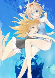 Rule 34 | &gt;;d, 2girls, :d, ;d, alice margatroid, arm up, bare arms, bare legs, barefoot, between breasts, blonde hair, blue eyes, bow, braid, breasts, commentary request, hair between eyes, hair bow, hairband, hug, kirisame marisa, looking at viewer, medium breasts, multiple girls, nirap, one-piece swimsuit, one eye closed, open mouth, red hairband, side braid, single braid, smile, swimsuit, touhou, v-shaped eyebrows, white bow