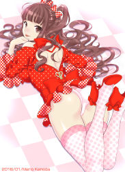 Rule 34 | 1girl, artist name, ass, back, back cutout, bow, brown hair, checkered floor, clothing cutout, dated, dress, full body, hair bow, heart, heart cutout, high heels, highres, long hair, long sleeves, looking at viewer, lying, mario kaneda, on stomach, original, panties, pink panties, polka dot, polka dot bow, polka dot dress, polka dot legwear, red bow, red footwear, solo, thighhighs, tongue, tongue out, underwear, white panties