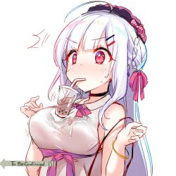 Rule 34 | 1girl, ^^^, ahoge, azur lane, blush, bra visible through clothes, bracelet, breasts, bubble tea, bubble tea challenge, casual, cup, cygnet (azur lane), disposable cup, drinking straw, drinking straw in mouth, grey hair, hat, hecha (01964237), jewelry, large breasts, red eyes, see-through, shirt, solo, sweat, to be continued, upper body, wet, wet clothes, wet shirt