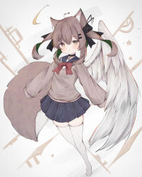 Rule 34 | 1girl, ahoge, animal ear fluff, animal ears, bad id, bad pixiv id, black choker, blue sailor collar, blue skirt, blush, bow, brown eyes, brown hair, brown sweater, choker, closed mouth, commentary request, feathered wings, full body, green hair, grey background, hair between eyes, heart, heart ahoge, highres, long hair, long sleeves, looking at viewer, multicolored hair, no shoes, original, pleated skirt, puffy long sleeves, puffy sleeves, red bow, risu (ritharte), sailor collar, school uniform, serafuku, shirt, single wing, skirt, sleeves past fingers, sleeves past wrists, solo, star (symbol), sweater, tail, thighhighs, twintails, two-tone hair, white shirt, white thighhighs, white wings, wings