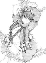 Rule 34 | 1girl, arms up, asymmetrical sleeves, bag, bdsm, belt, blunt bangs, blush, bondage, bottomless, bound, bound wrists, breasts, buckle, cable, cleavage, closed mouth, cowboy shot, eyebrows, eyes visible through hair, freedom wars, fur trim, glasses, greyscale, headphones, highres, large breasts, long hair, marie &quot;alma&quot; milan, monochrome, navel, no panties, open clothes, restrained, simple background, sketch, solo, sweat, thorns, traditional media, uneven sleeves, unzipped, white background, yug (ekaki), zipper