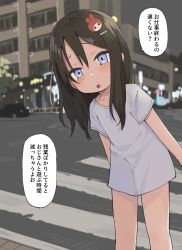 Rule 34 | 1girl, :o, black hair, blue eyes, blush, building, rabbit hair ornament, child, city, crosswalk, female focus, hair ornament, hairclip, highres, leaning to the side, long hair, looking at viewer, nanoningen (anapoko), night, original, outdoors, road, shirt, solo, standing, translated, white shirt, worried