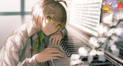 Rule 34 | 1boy, androgynous, blurry, blurry background, character request, clock over orquesta, collared shirt, commentary request, copyright notice, earrings, flower, glasses, green eyes, green shirt, hair between eyes, highres, indoors, instrument, ishida (segu ishida), jewelry, light brown hair, long sleeves, looking at viewer, male focus, necktie, official art, orange flower, parted lips, piano, purple flower, red flower, sheet music, shirt, short hair, solo, undone necktie, upper body, white shirt