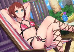 Rule 34 | 1girl, aqua eyes, arms behind head, bikini, breasts, brown hair, cherry blossom print, cosplay, cross-laced sandals, crossed legs, cup, drink, drinking glass, drinking straw, feet out of frame, floral print, gladiator sandals, in-franchise crossover, kosaka yukiho, kurosawa dia (cosplay), looking at viewer, love live!, love live! school idol project, multi-strapped bikini, on chair, red bikini, sandals, short hair, small breasts, smile, solo, swimsuit, tomato (madanai the cat)