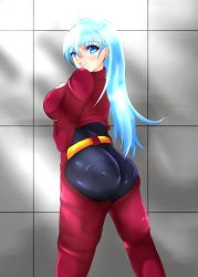Rule 34 | 1girl, absurdres, artist request, ass, blue eyes, blue hair, blush, breasts, chaps, from behind, highres, jacket, kula diamond, long hair, looking at viewer, medium breasts, pants, shiny clothes, sideboob, solo, the king of fighters, very long hair