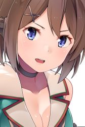 Rule 34 | 10s, 1girl, bare shoulders, black neckwear, blue eyes, breasts, brown hair, byte (allbyte), cleavage, close-up, collarbone, commentary request, green vest, hair ornament, hairclip, headgear, kantai collection, looking at viewer, maya (kancolle), maya kai ni (kancolle), medium breasts, open mouth, round teeth, sho&gt;:d, short hair, simple background, sleeveless, solo, teeth, upper body, vest, white background, x hair ornament