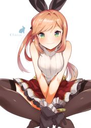 Rule 34 | 10s, 1girl, black bow, black gloves, black thighhighs, blush, bow, bracelet, breasts, breasts squeezed together, brown hair, character name, clarisse (granblue fantasy), closed mouth, eyebrows, gloves, granblue fantasy, green eyes, hair ribbon, hand on ankle, ichihaya, jewelry, long hair, looking at viewer, miniskirt, no shoes, ponytail, rabbit, red skirt, ribbon, silhouette, simple background, sitting, skirt, sleeveless, smile, solo, sweater, swept bangs, thighhighs, turtleneck, v arms, white background