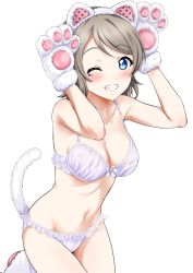Rule 34 | 1girl, animal ears, animal hands, arms up, blue eyes, blush, bra, breasts, brown hair, cat ears, cat tail, cleavage, cowboy shot, facial mark, fake animal ears, fake tail, gloves, grin, hairband, highres, leaning forward, leg up, looking at viewer, love live!, love live! sunshine!!, medium breasts, navel, one eye closed, panties, paw gloves, paw print, sankuro (agoitei), short hair, simple background, smile, solo, swept bangs, tail, underwear, underwear only, watanabe you, white background, white bra, white panties