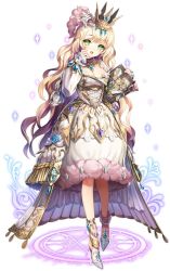 Rule 34 | 1girl, artist request, blonde hair, book, breasts, cleavage, collar, crown, detached sleeves, dress, full body, gem, green eyes, grimms notes, hair ornament, high heels, holding, jewelry, long hair, long sleeves, looking at viewer, simple background, smile, solo, sparkle, standing, white background