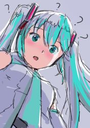 Rule 34 | 1girl, :o, ?, aqua eyes, aqua hair, aqua necktie, blush, breasts, commentary, detached sleeves, from below, grey shirt, hair ornament, hatsune miku, long hair, looking at viewer, looking down, mayo riyo, necktie, open mouth, pov, shirt, sketch, sleeveless, sleeveless shirt, small breasts, solo, twintails, vocaloid
