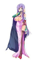 Rule 34 | 1girl, absurdres, black legwear, blue eyes, blush, breasts, cape, china dress, chinese clothes, cleavage, cleavage cutout, clothing cutout, dress, feathers, full body, game cg, gloves, hair ornament, high heels, highres, koihime musou, kouchuu, large breasts, long hair, mature female, no bra, official art, purple hair, shin koihime musou, side slit, smile, solo, standing, transparent background, yatsuha kanan