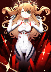 Rule 34 | 1girl, blonde hair, blue eyes, bodysuit, breasts, covered navel, curvy, evangelion: 3.0+1.0 thrice upon a time, expressionless, eyepatch, hairpods, interface headset, long hair, neon genesis evangelion, plugsuit, rebuild of evangelion, sato (r017xts117), small breasts, solo, souryuu asuka langley, two side up, very long hair, white bodysuit, wide hips